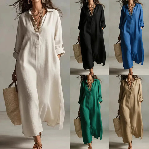 Woman wearing a long, loose-fitting dress in various colors with a neutral background.