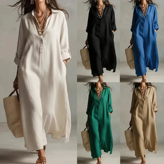Woman wearing a long, loose-fitting dress in various colors with a neutral background.