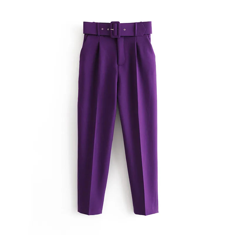 Purple pants with a belt on a white background