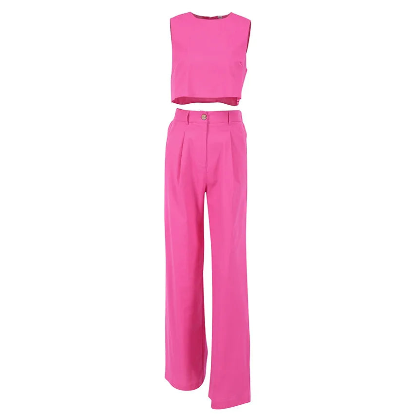 Pink sleeveless top and pants set on a white background