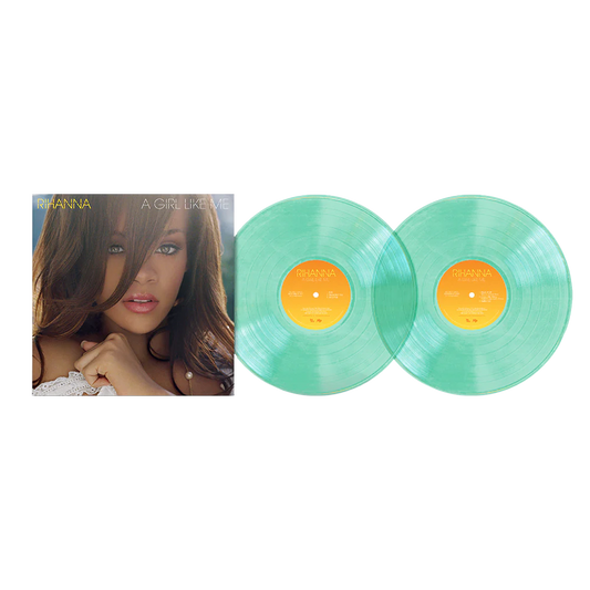 A double vinyl record album set for Rihanna's 'A Girl Like Me' on translucent mint green records with yellow-orange labels, shown alongside the album cover on a plain white background.