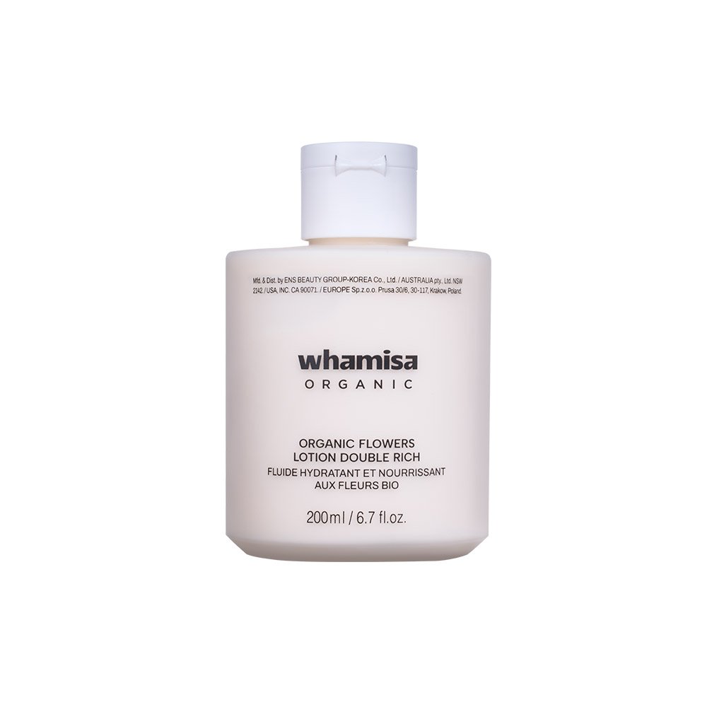 A 200ml bottle of whamisa Organic Organic Flowers Lotion Double Rich, featuring a matte off-white bottle and cap with black text, set against a plain white background.