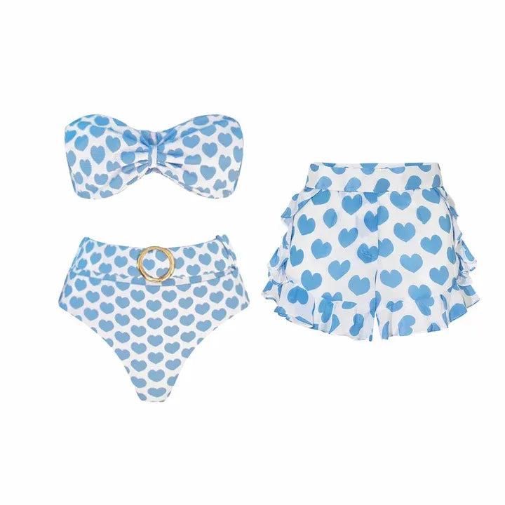 white sleeveless bikini swimsuit with light blue hearts pattern short set
