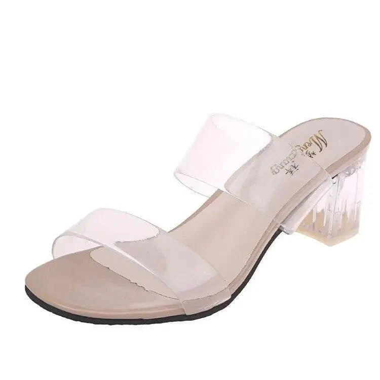 Clear high-heeled sandal on a white background